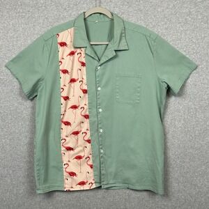 Mens‎ Hawaiian Shirt XXL Green Short Sleeve Flamingo Beach Tropical Anchor MSJ
